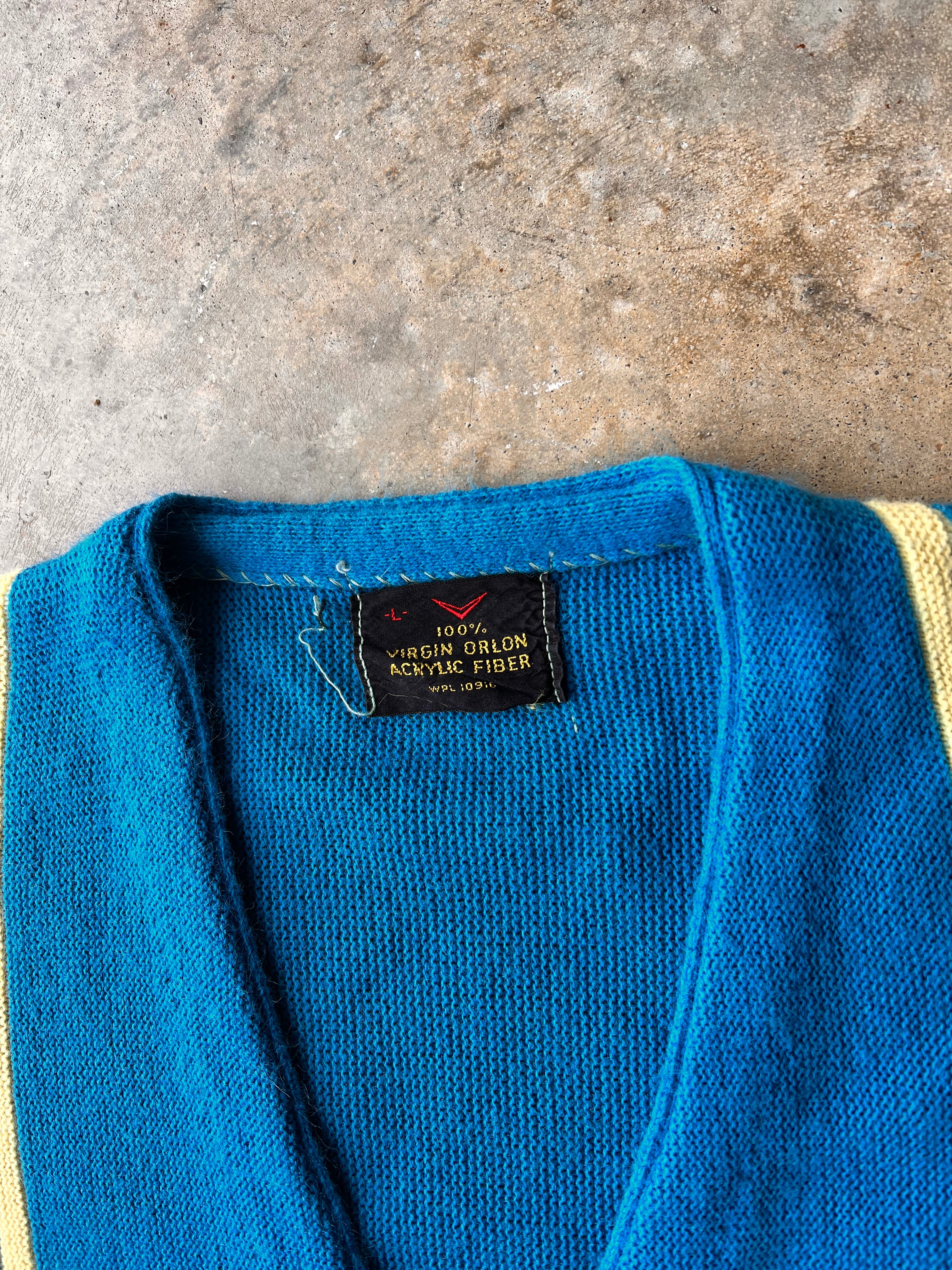 Vintage 1970s Striped Blue Cardigan - (L)