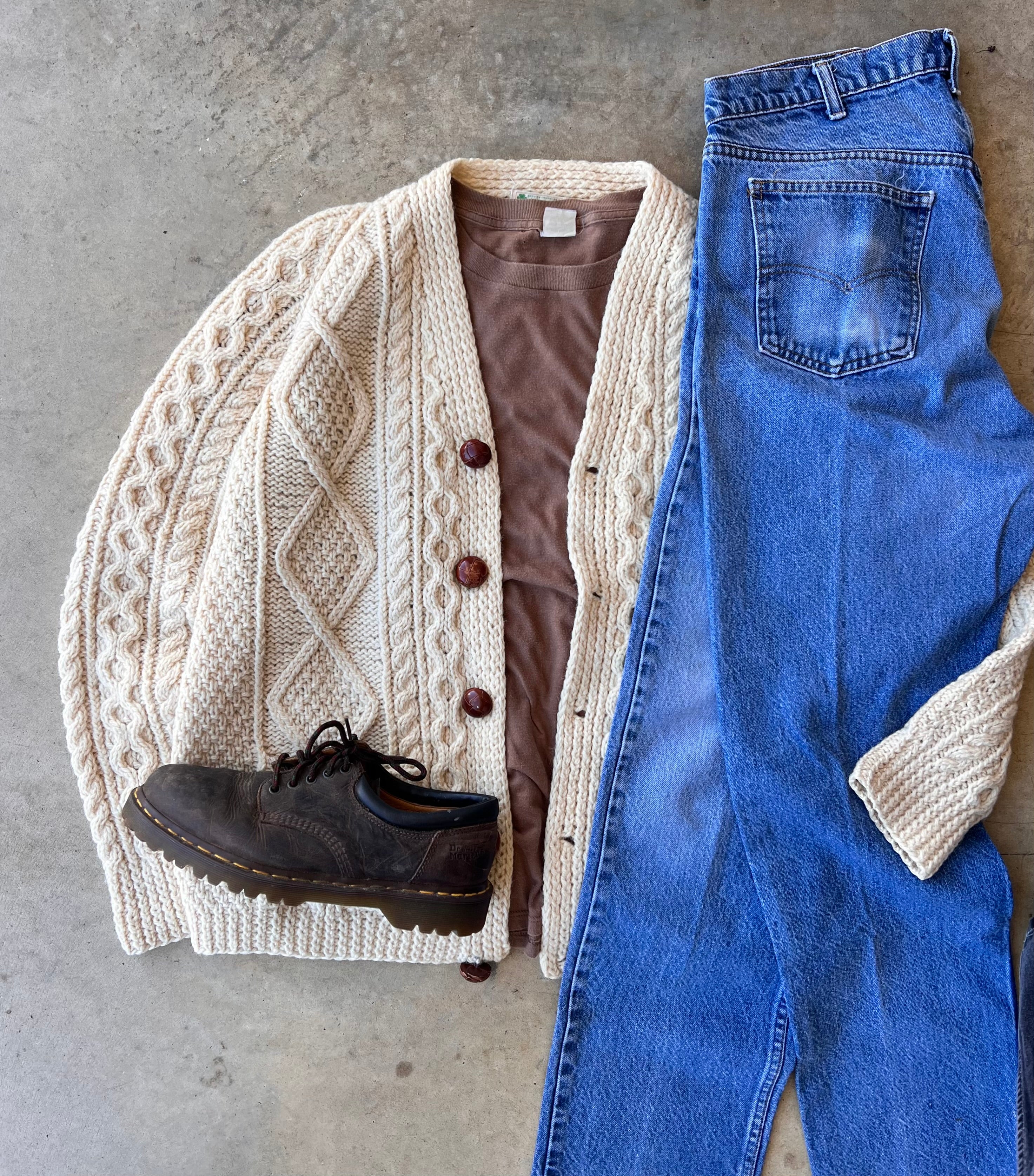 Vintage Cable Knit Cream Wool Cardigan - (L)