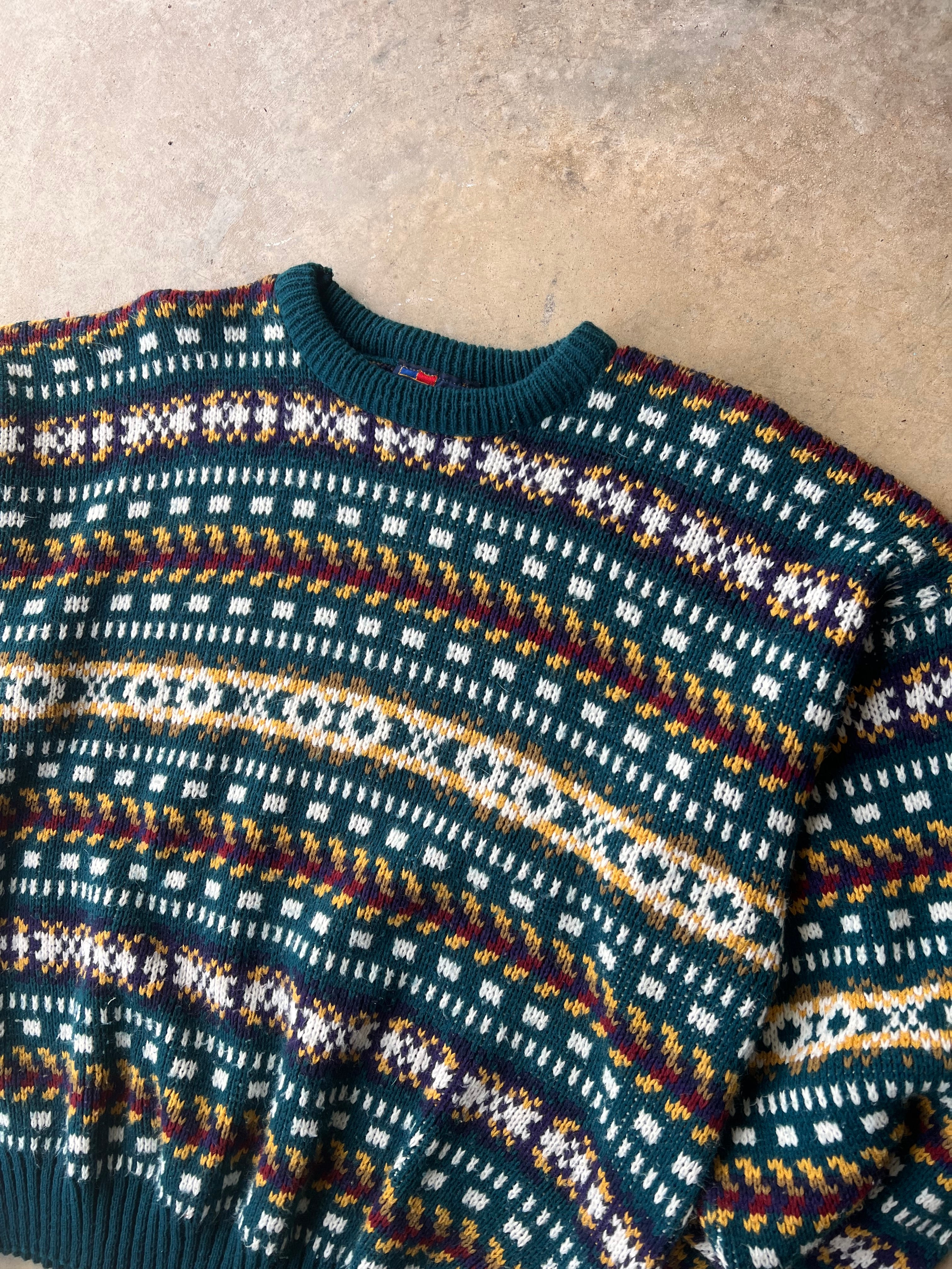 Vintage Patterned Earth Tone Sweater - (XL)